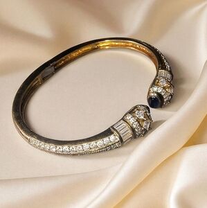 Gold Vermeil Over Sterling Silver Hinged Cuff With Sapphires & Clear CZs